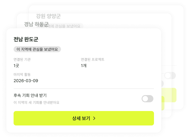 관심 지역과 참여 프로젝트, 새로운 기회 안내가 모인 활동 기록 화면